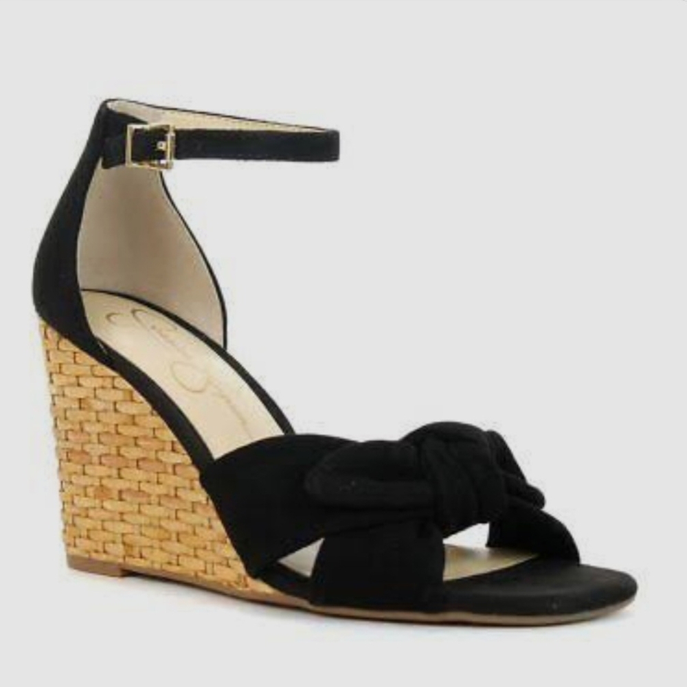 Jessica Simpson Delirah Black Suede and Tan Woven Wedge Sandals Size 8